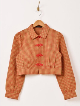 ギンガムチェック柄 チャイナ 長袖ブラウス