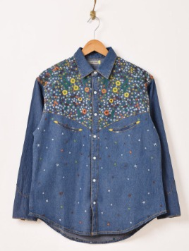 フラワー 刺繍 ウエスタン デニムシャツ